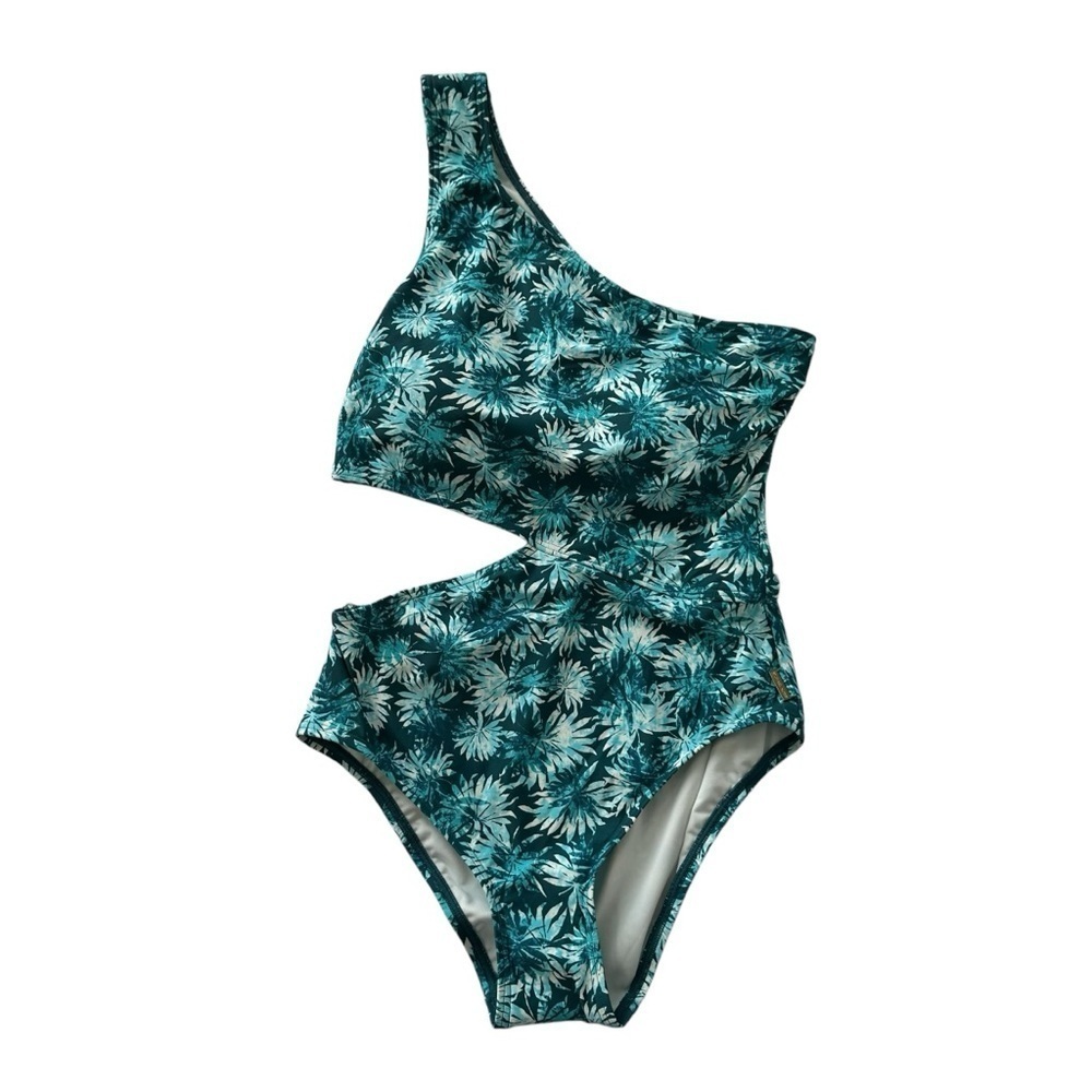 Michael Kors One-Shoulder Aqua Green Leaf Print Swimsuit, size 8 - Picture 2 of 9